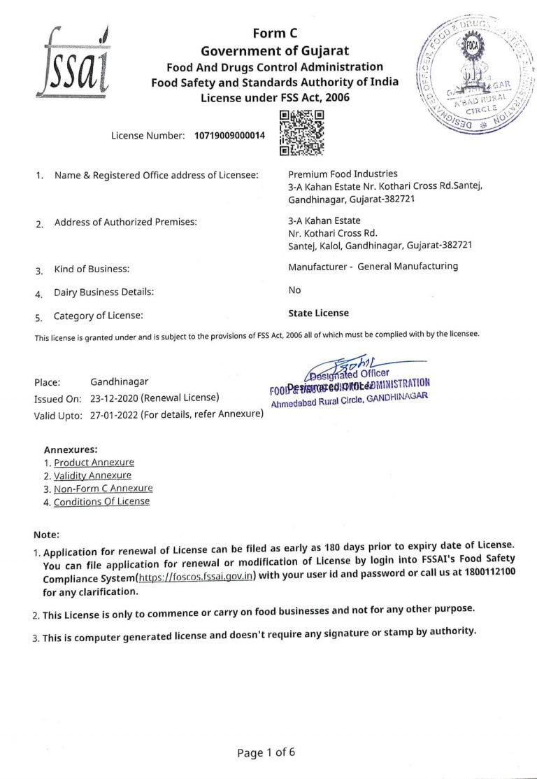 Premium Food Industries Fssai Certificate